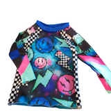 Smiley Face and Checkerboard Rashguard Swim Top with Long Sleeves