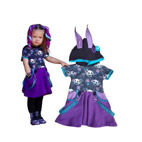 Punk Floral Bunny Dress for girls with pockets, twirly skirt, hoodie and custom color options!