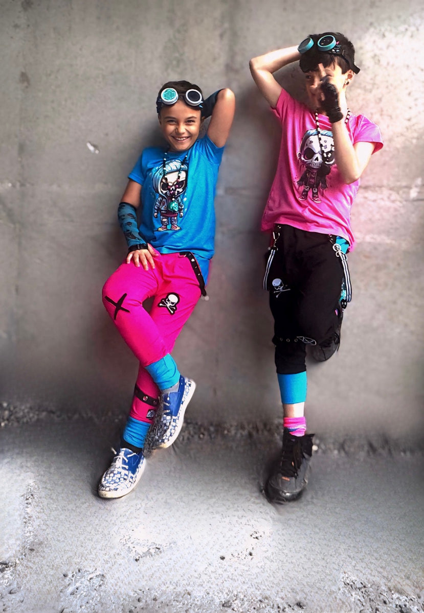 Punk Kid harem Shorts for kids in black with Pink Turquoise