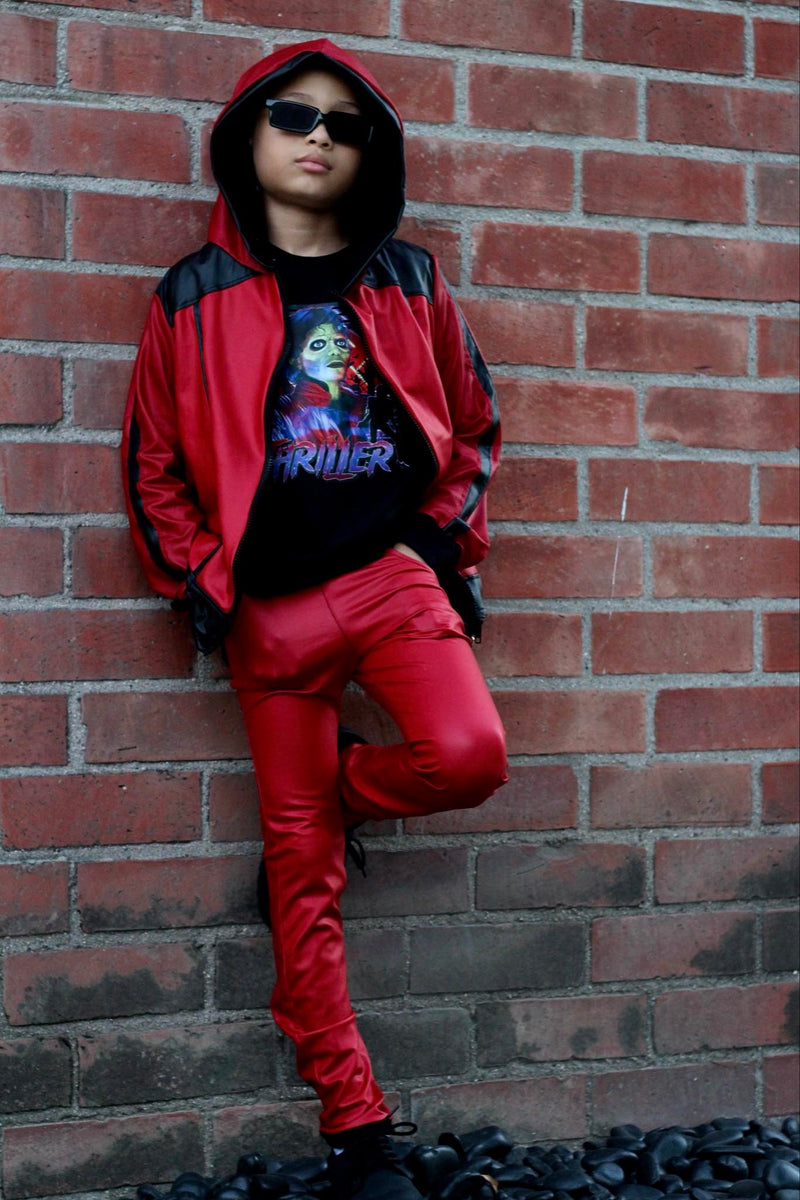 美品 Y2K ストレッチ✨キャピタル ブルゾン MA-1 ジャンパー 赤系 L Red Thriller Hero Jacket for Kids in Vegan Leather Unisex Michael
