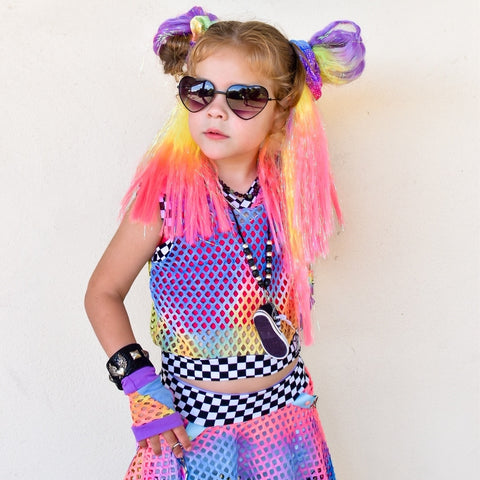 Rainbow Tie Dye Mesh Tank Top Hoodie for kids with checkered accents,2 color options