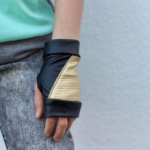 Gold and Black Rockstar Split Vegan Leather Fingerless Gloves for Kids Adults