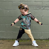 Gold and Black Kids Skinny Jogger Pants with Punk Chain Unisex Style