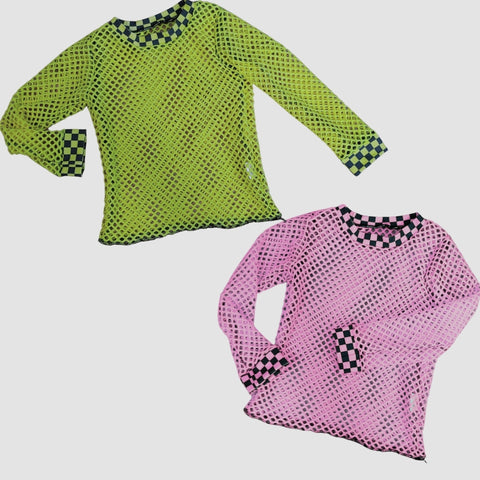 Long Sleeve Mesh Shirt with Checkerboard trim for kids in bright or pastel colors Some RTS