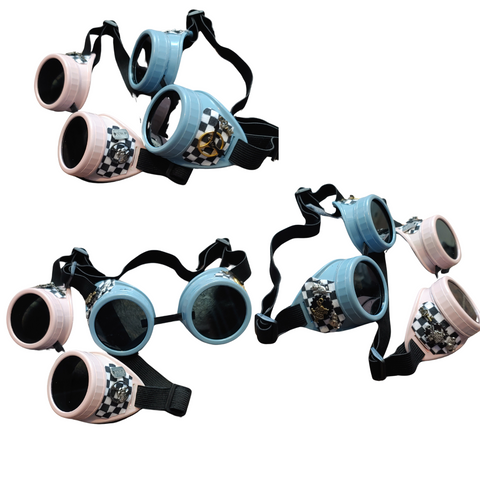 Wonderland Steampunk Goggles with checkerboard side vents and metal charms for Kids Adults Cosplay