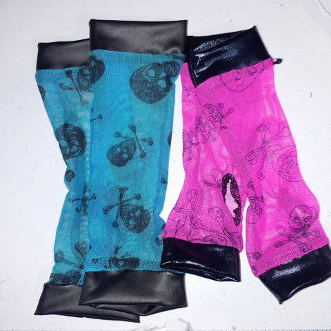 Skull Mesh Arm Warmers Gloves in Pink or Blue with vegan leather cuffs