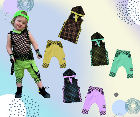 Neon Summer Jogger Shorts and Mesh Tank with checkerboard trim and custom color options for Kids