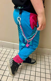 Kids Punk Pink and Turquoise Cotton Joggers with Skull Patch and Grommet trim