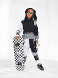 Black and White Punk Bunny Hoodie for Kids and Teens Long Ears Mesh Checkerboard Handmade Top Shirt