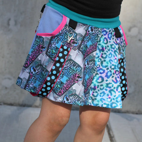 Luminous Leopard Skirt for toddlers girls with Punk Straps Purple Blue Silver