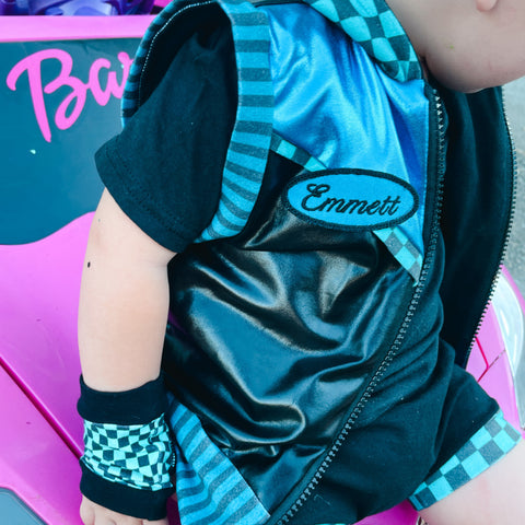 All Doll'd Up Blue Vest with checkerboard hoodie kids sizes