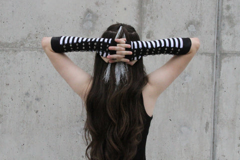 Black and White Striped Corset Gloves Arm Warmers