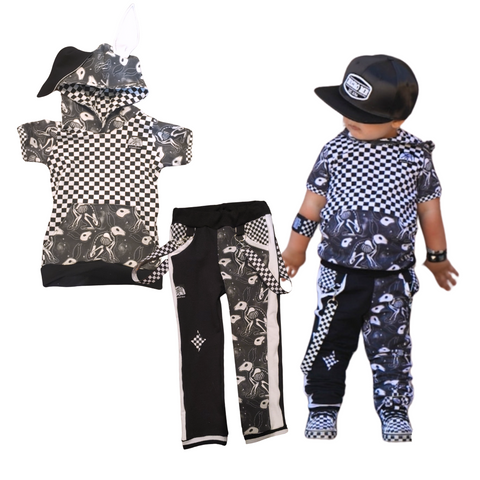 Monochrome Punk Bunny Hoodie and Pants for Big and Little Kids with Clip on Straps in Checkerboard print