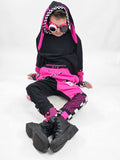 Pink Punk Skinny Pants for boys and girls black mesh with checkered accents suspender strap