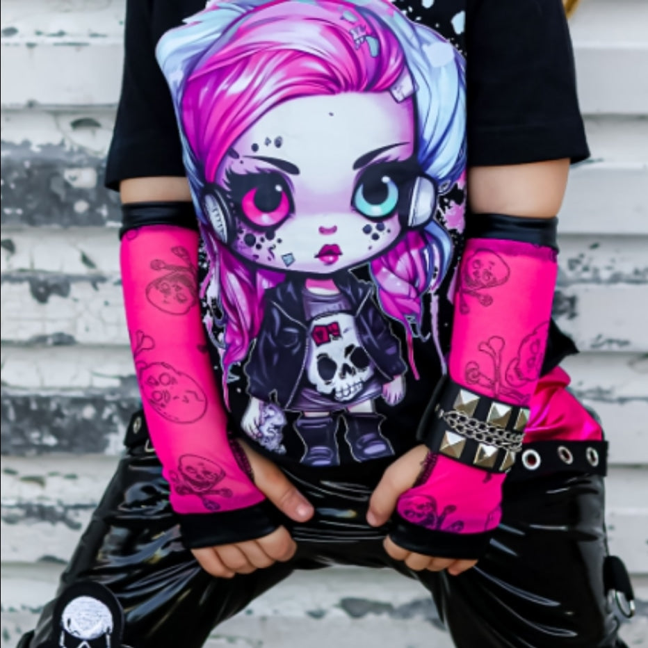 Pink Skull Mesh Arm Warmers Gloves in Blue with black Adults