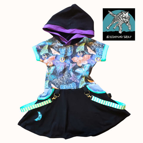 Moon Moth Pocket Dress for Girls with hoodie, punk straps and twirly skirt