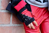 Red and Black Punk Sparkle Fingerless Gloves Vegan Leather for boys and girls