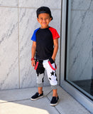 Kids Punk Star Jogger shorts Monochrome Kids mesh accents red suspender straps