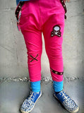 Kids Punk Pink and Turquoise Cotton Joggers with Skull Patch and Grommet trim