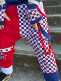 Patriotic Joggers Pants for kids Red White Blue Checkered Punk Straps Pockets Gender neutral