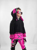 Pink Bunny Hoodie Long Ears Mesh Checkerboard Handmade Top Shirt Kids and Adults