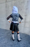 Black Vegan Leather skirt for girls full twirly skirt punk straps lace up front detail
