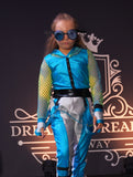 Metallic Punk Hoodie and Harem jogger Pants set in Turquoise Blue Line Mesh Vegan Leather Uma Outfit