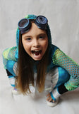 Metallic Punk Hoodie and Harem jogger Pants set in Turquoise Blue Line Mesh Vegan Leather Uma Outfit