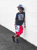Kids Skater Style Shorts with Punk  Suspender Straps pockets checkerboard red blue white America patriotic