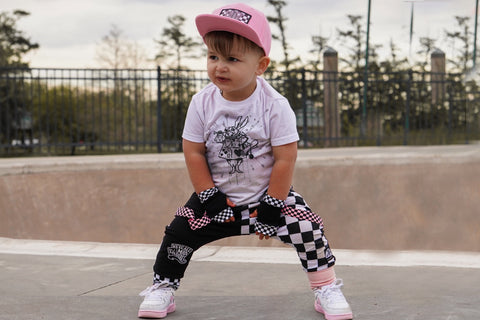 We're All Mad Joggers Pants for kids Black White punk style Checks Alice Hatter Wonderland