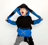 Blue and Black Punk Bunny Hoodie Long Ears Mesh Checkerboard Handmade Top Shirt Kids and Adults