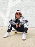 Lightning Bolt Jacket for Skater Kids Black White Checketed Zip Front Kids Boys Girls Handmade Fashion