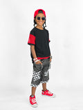 Punk Z-Crew Long Shorts Jorts for Kids and Adults 90's baggy skater style denim shorts with Checkered Starts or Bolts