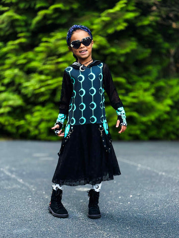 Witching Moon Pocket Dress for girls handmade twirly skirt mesh moon hoodie waxing moon Halloween handmade toddlers baby girl