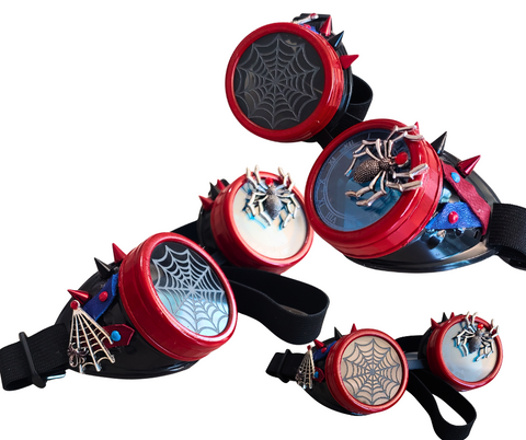 Spidey Steampunk Goggles Red Blue and Black Hand painted Metal Spider Web Spiked Halloween Cosplay
