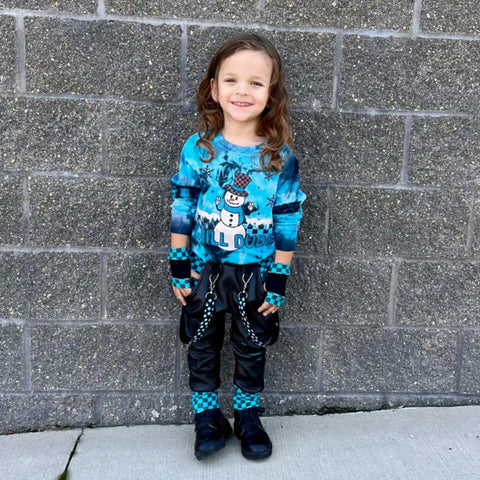 Kids Black Pleather Pants, Blue Checkerboard accents with Punk Straps Unisex Boys and girls