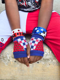 America Fingerless gloves for kids and Adults red white blue checkered with mesh