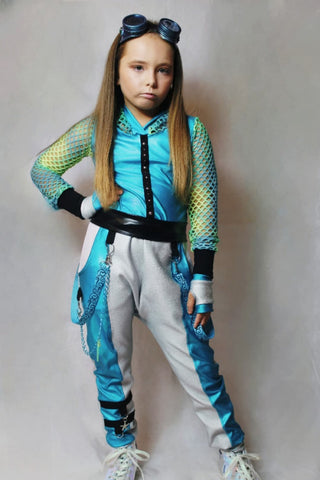 Metallic Punk Hoodie and Harem jogger Pants set in Turquoise Blue Line Mesh Vegan Leather Uma Outfit