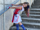 Patriotic Punk Twirly skirt or skirted bummies skort red white blue with Suspender Straps pockets girls and Mom sizes Street style