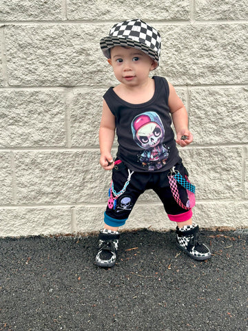Punk Kid harem Shorts  for kids in black with Pink Turquoise