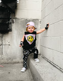 XO Monochrome Checkered Skinny Pants with Punk Straps for Unisex Kids Handmade for Girls and Boys