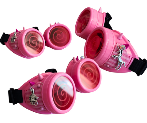 Pink Unicorn Steampunk Goggles Eyewear Costume Halloween Cosplay Spikes Metal Charms