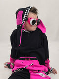 Pink Bunny Hoodie Long Ears Mesh Checkerboard Handmade Top Shirt Kids and Adults