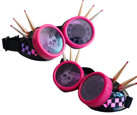 Hot Pink Girly Skull Goggles with pink tipped tall spikes and neon checkers Skull drip lenses