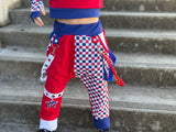 Patriotic Joggers Pants for kids Red White Blue Checkered Punk Straps Pockets Gender neutral