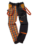 Fright Night Kids Shirt, Pants and Hoodie Top in Orange and Black Checkered Bat Print Boys Girls Clothes Mix and Match Halloween Punk Straps Pockets