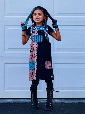 Suspender Jumper and Bunny Hoodie Set in Mocha Mousse and Teal for girls
