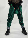 Dark Green Corduroy Joggers pants for boys girls unisex pants punk style straps Shamrock St Patrick's Day handmade