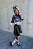 Black Vegan Leather skirt for girls full twirly skirt punk straps lace up front detail