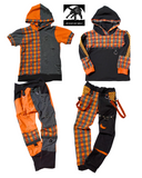 Fright Night Kids Shirt, Pants and Hoodie Top in Orange and Black Checkered Bat Print Boys Girls Clothes Mix and Match Halloween Punk Straps Pockets